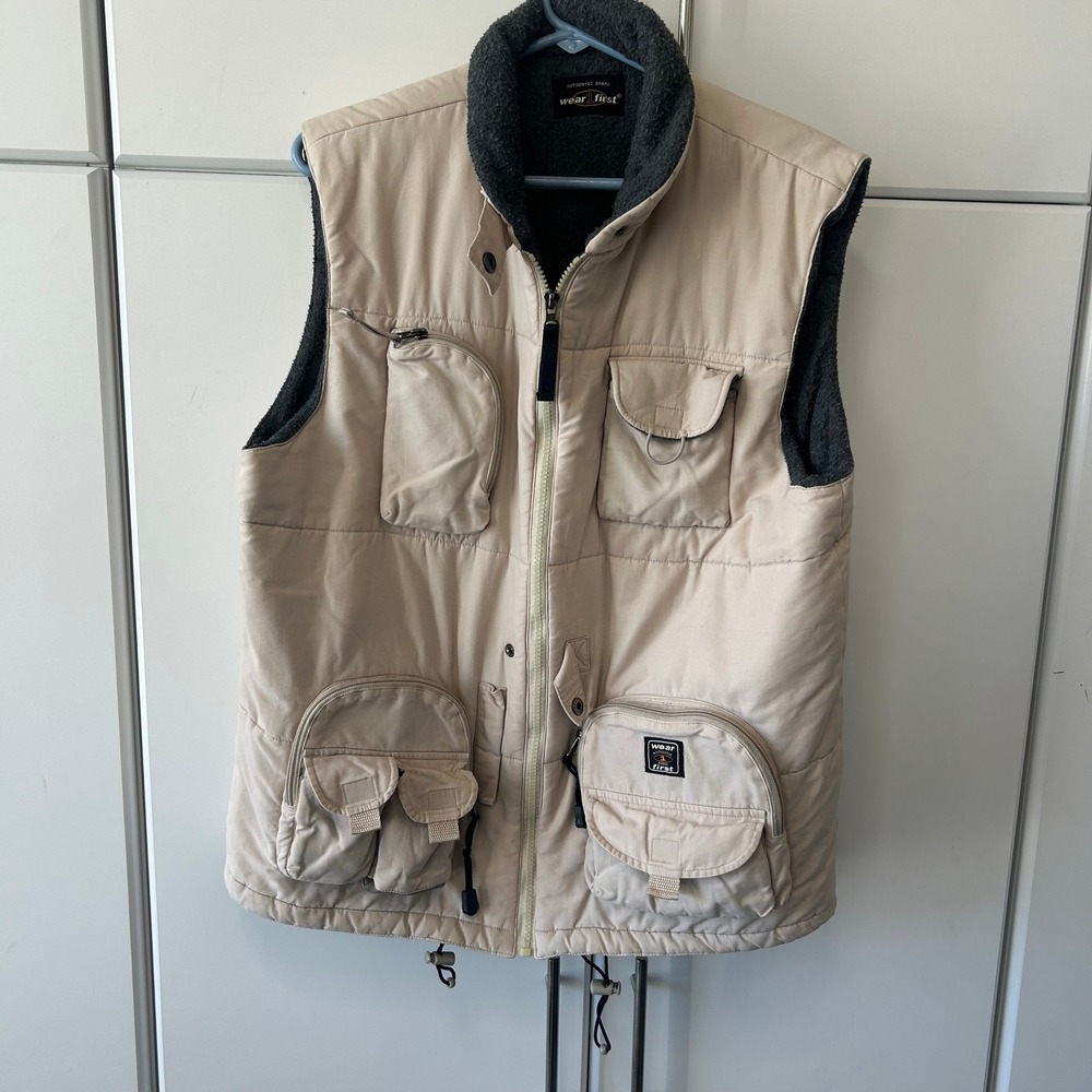 Wear‎ First Mens Utility Vest Beige Tan Multi Pocket Fleece Lined Gilet XL